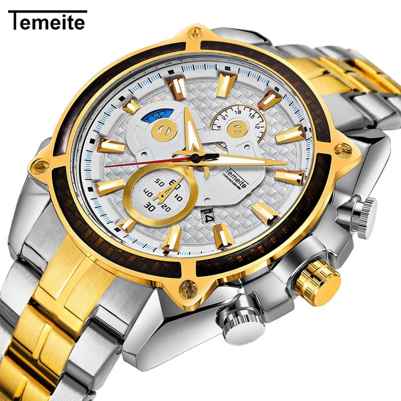 Temeite роскошные золотые часы для мужчин из нержавеющей стали водонепроницаемые