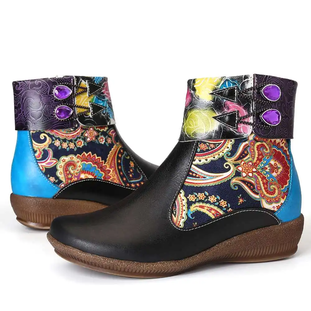 SOCOFY botas mujer; удобные черные ботильоны из натуральной кожи на плоской подошве в стиле ретро с рисунком розы; женская обувь на каблуке; вечерние зимние ботинки; коллекция года