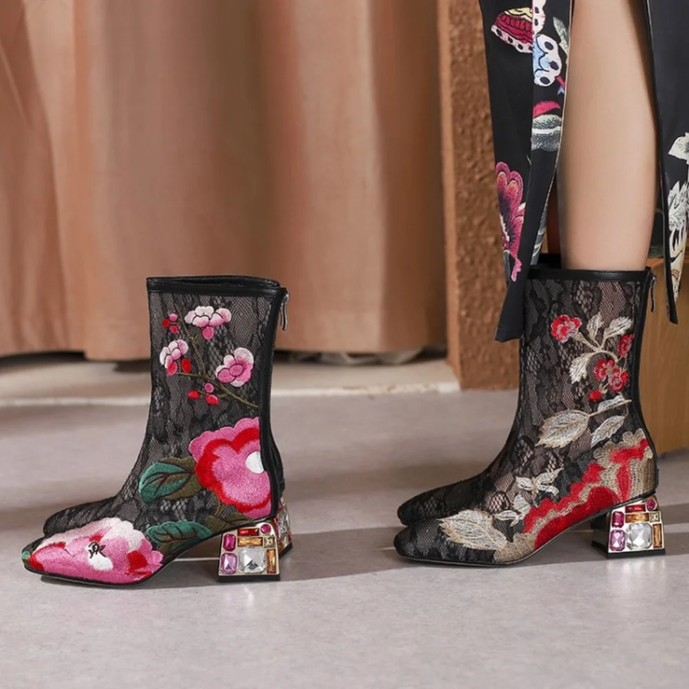 

Womens Mesh Embroidery Floral Mid Calf Boots Block Crystal Heel Shoes Summer Real Leather Breathable Plus Size New 2021