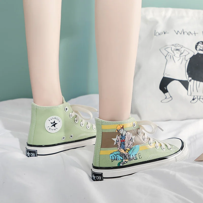Женские холщовые кроссовки высокие кеды с мультяшным принтом на платформе