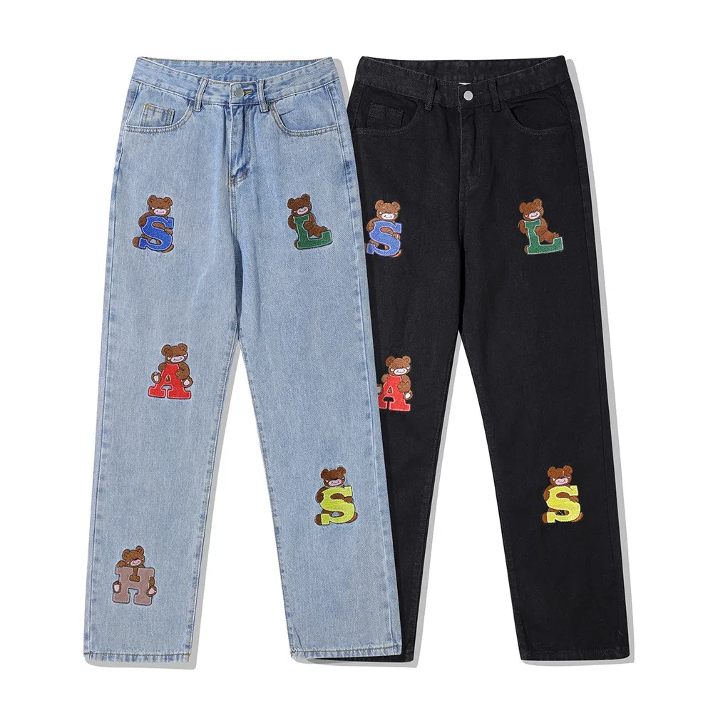 2021 Korean Fashion Cartoon Bear Embroidery Stylish Men Vintage Jeans Trousers Hip Hop Straight Women Wash Denim Pants For Teens