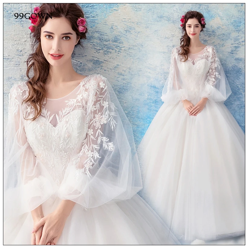 99GOWN, простые свадебные платья для свадебной церемонии, длинный рукав-фонарик, ТРАПЕЦИЕВИДНОЕ свадебное платье из тюля, с кружевами, с открытой спиной, бальное платье