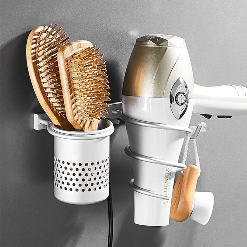 

Gold Hair Dryer Holder Space Aluminium Bathroom Wall Shelf Hair Dryer Rack with Basket bathroom shelves Bathroom Accessories