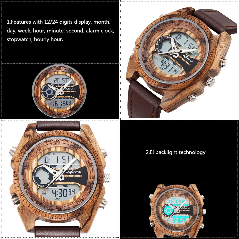 

Shifenmei Wooden Watch Men's Luxury Dual Time Digital Watches for Men Wooden Japanese Quartz Watch Men's Great Gift S2139L