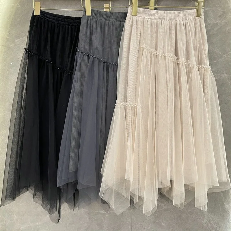 

2021 Women Autumn Winter Mesh Skirts Elastic Loose Beading Irregular Vintage Pleated Lining Skirt Elegant Fashion Ladies Skirts