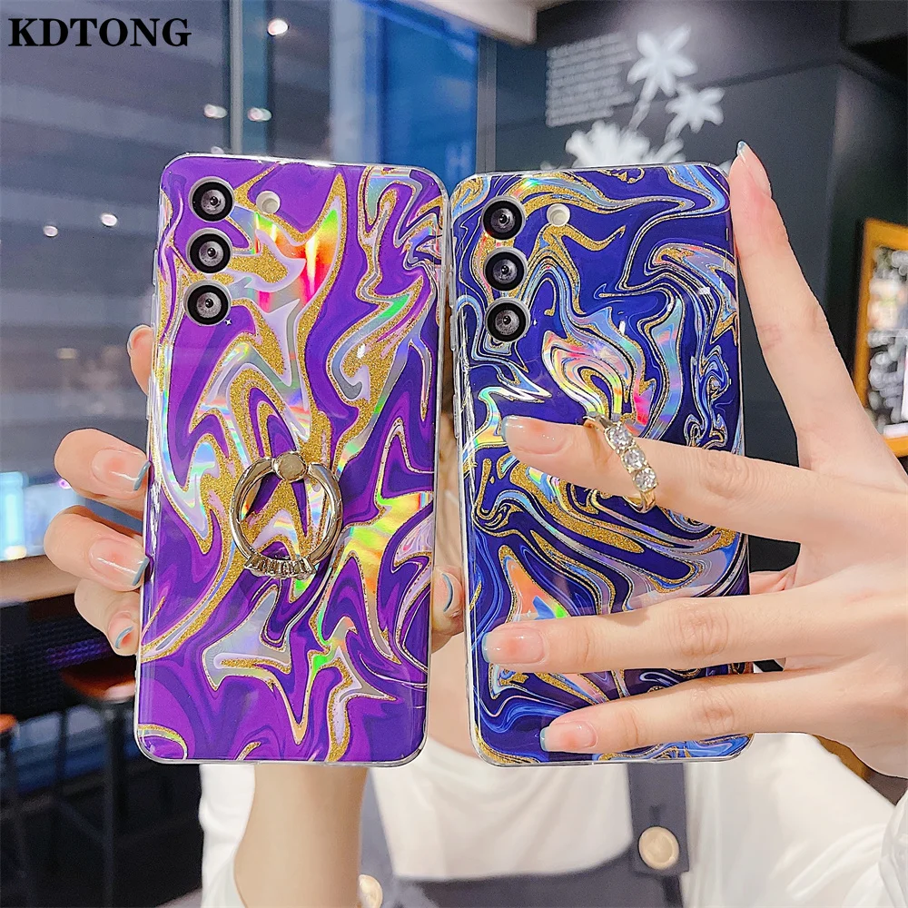 

Thin Phone Case for Samsung Galaxy A72 A52 A42 A32 A12 S21 Ultra Plus Capa Fashion Glitter Watercolor Ring Bracket protect Cover