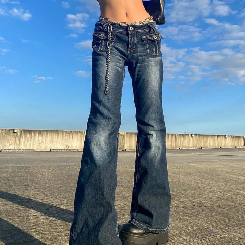 

Women Vintage Low Rise Cargo Flared Jeans Harajuku Flap Pockets Bell Bottom Denim Pants Slim Skinny Long Trousers Casual