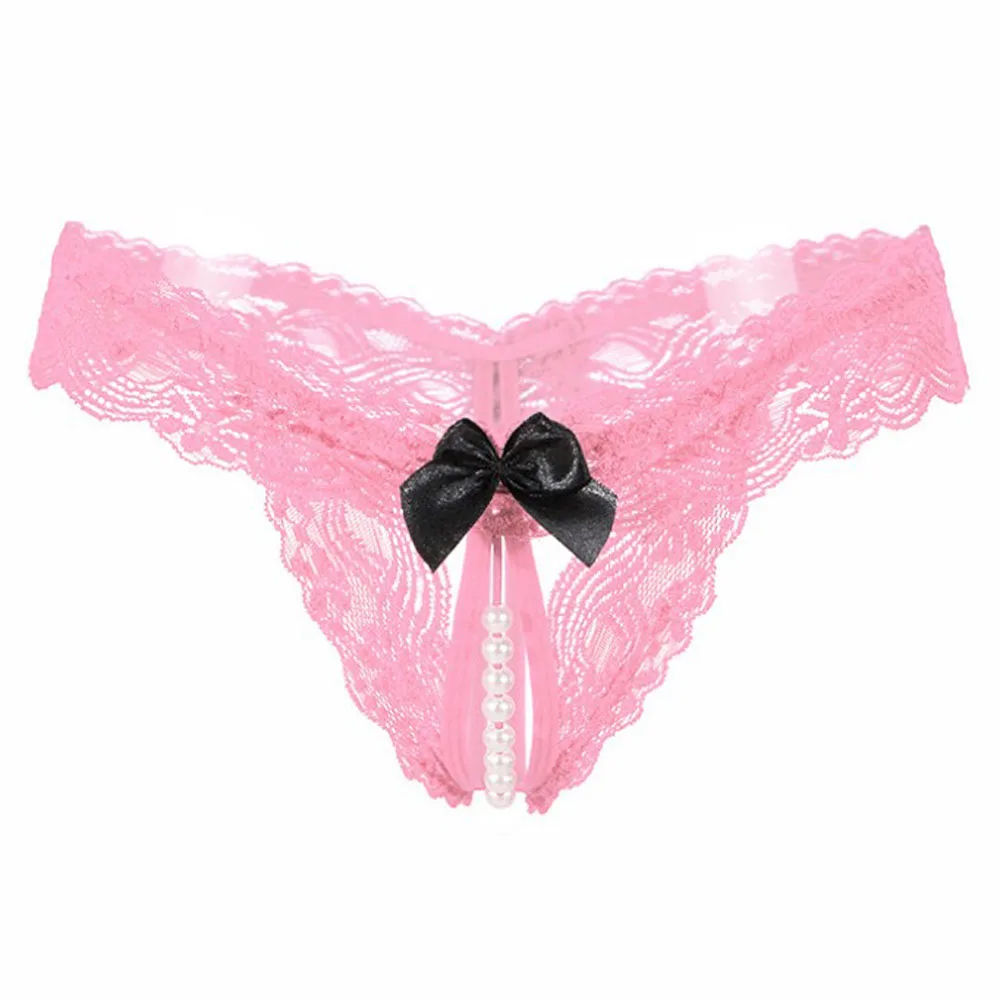 

Hot Sexy Open Crotch Thongs G-String Lingerie Women Sexy Crotchless Panties Bowknot Pearls Lace Underwear Nightwear G-string