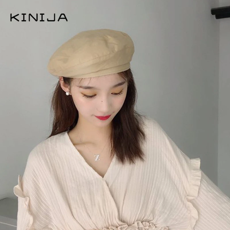 Осенний берет шапки Женская хлопковая однотонная Модная ретро тонкая Кепка