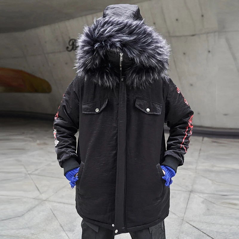 Куртка мужская зимняя со съемным меховым воротником и капюшоном в стиле хип-хоп |