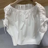 high quality tops 2021 summer fashionable women drawstring deco short sleeve casual loose white dark blue tops ladies blouse