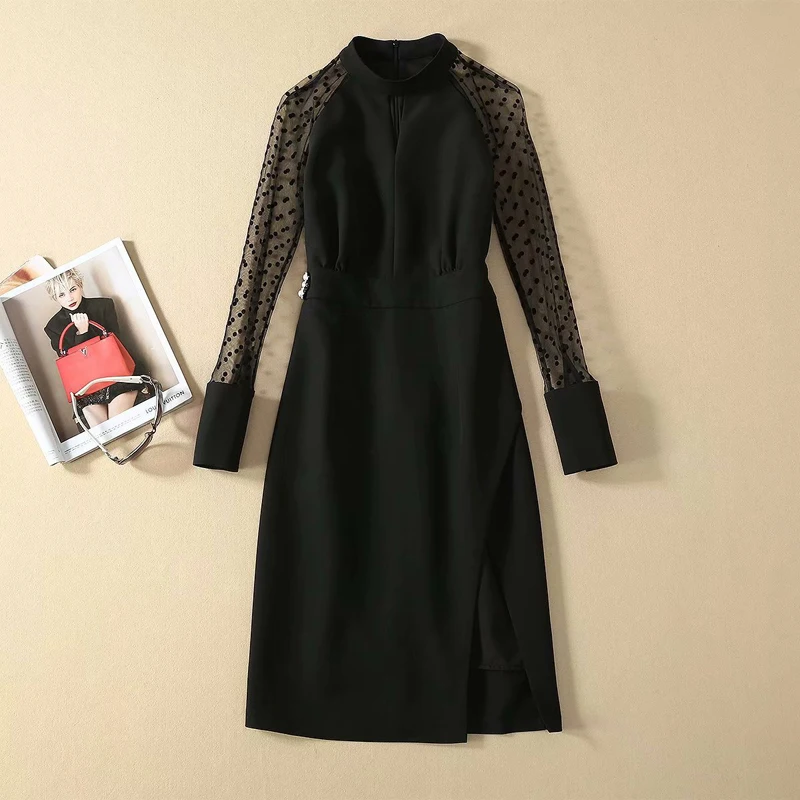 Сексуальное Сетчатое платье с длинным рукавом на пуговицах в горошек для