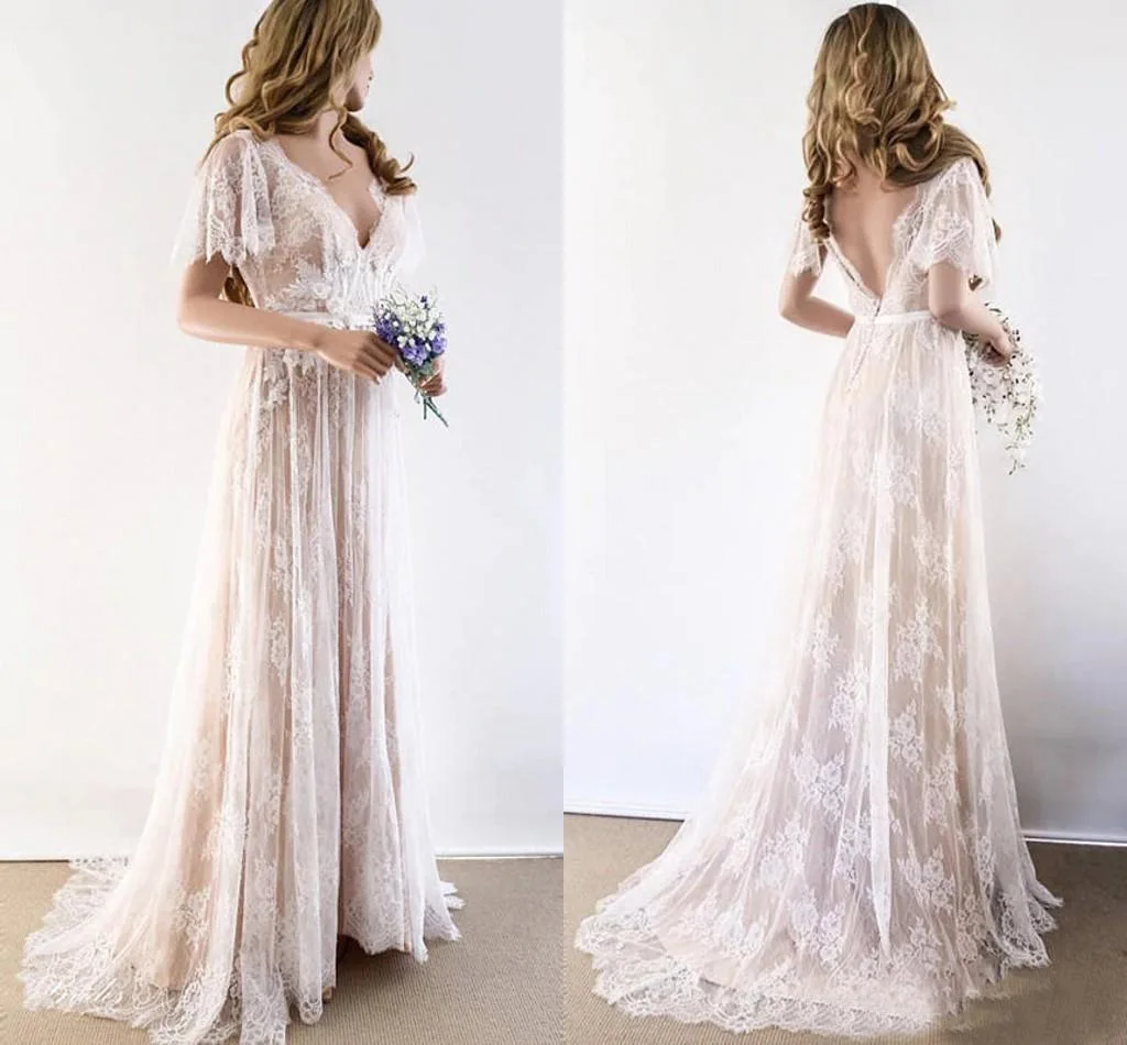 

Bohemian Lace A Line Wedding Dress Sexy Backless Deep V-neck Short Sleeves Country Boho Bridal Gowns Nude Lining 2021