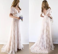 bohemian lace a line wedding dress sexy backless deep v neck short sleeves country boho bridal gowns nude lining 2021