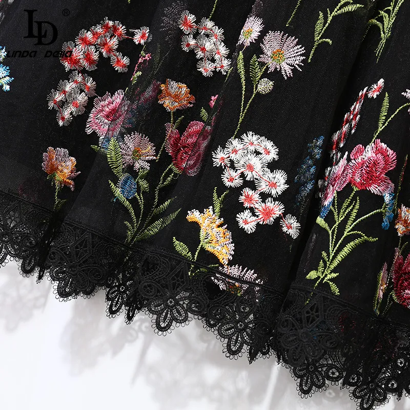 

LD LINDA DELLA New 2021 Fashion Runway Summer Short Black Dress Women Floral Embroidery Printing Splice Vintage Mini Party Dress