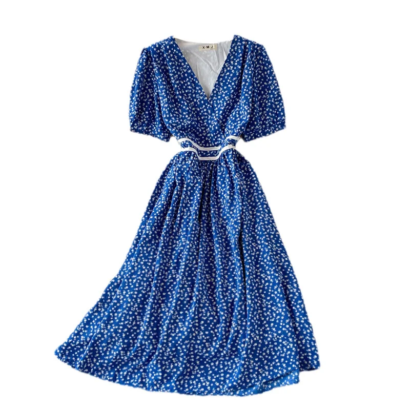

France V-neck Chic Floral Dress Women's 2021 Summer New Gentle Elegant Reducing Medium Flower Vintage Dress