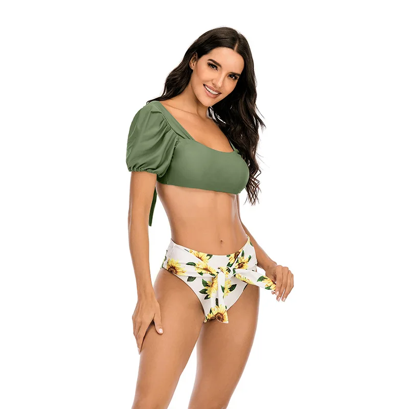 

2021 new European and American one-neck high-waisted puff sleeve bikini 1909