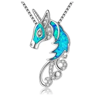 boho cute cartoon animal unicorn pendant necklace for girl children women fashion crystal imitation blue opal necklace jewelry