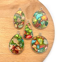 1pc turquoise pendants natural semi precious stone metal package edge diy for making necklace round oval shape 16x30mm size