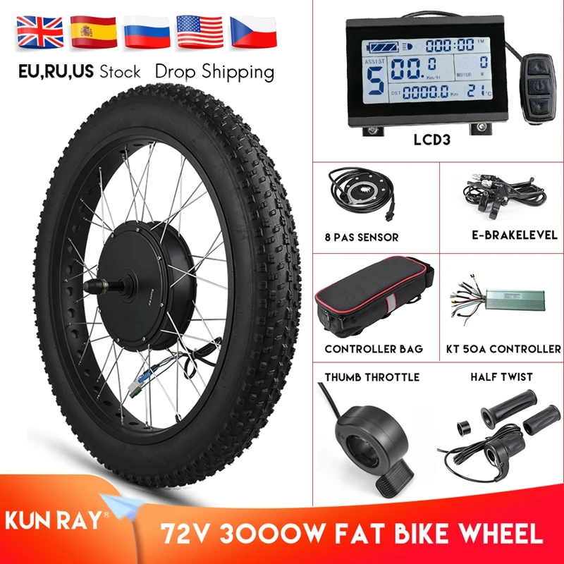 

Kunray Electric Fat Bike Motor Wheel 72V 3000W Hub Motor Kit Ebike Conversion Kit Snow Bike Kit Non Gear Hub motor Wheel 55-70KM