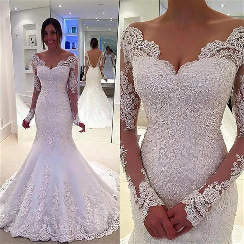 Vestido De Noiva Роскошные одежда с длинным рукавом и кружевной аппликацией Свадебные