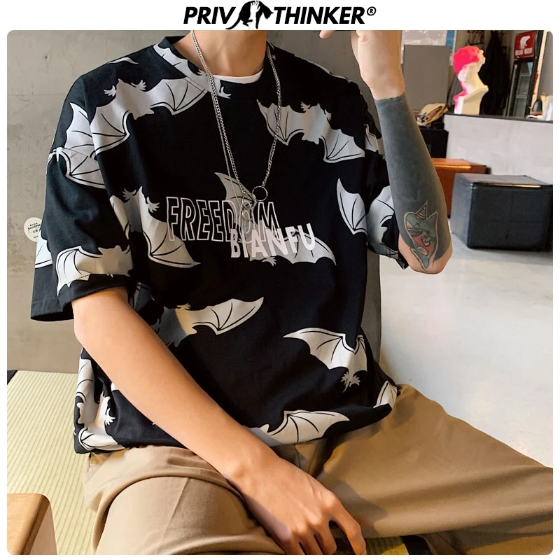 Privathinker 2020 Summer Bat Print Men's T-shirt Hip Hop Fashions Tshirts Men Oversize M-5XL Male Cotton High Quality T Shirt | Мужская