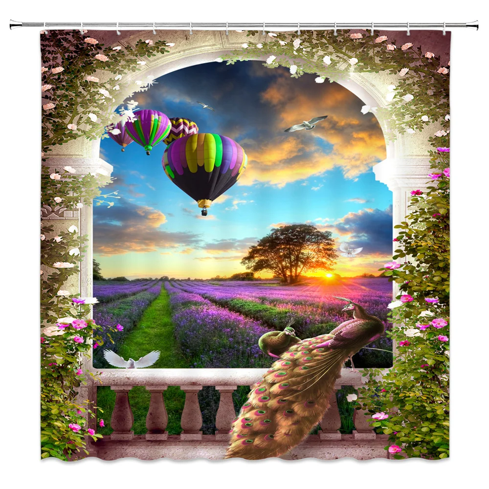 Шторы для душа с цветами и птицами водонепроницаемые занавески ванной комнаты 12