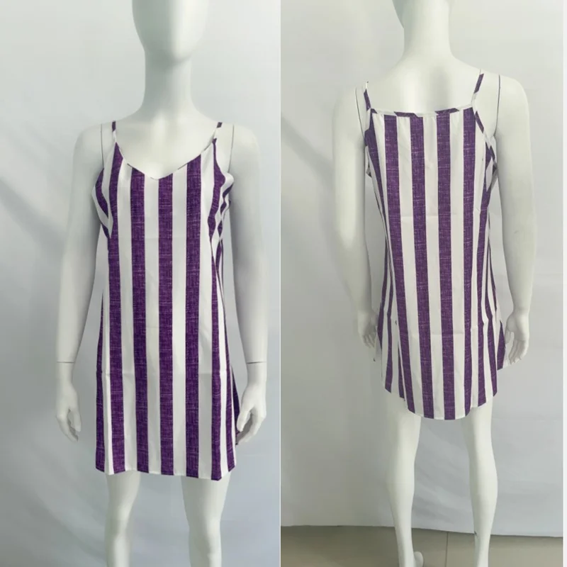 

2021 New Summer Women Chiffon Striped Mini Dress Female A Line V Neck Sleeveless Camisole Dresses Large Size Middle Waist Casual