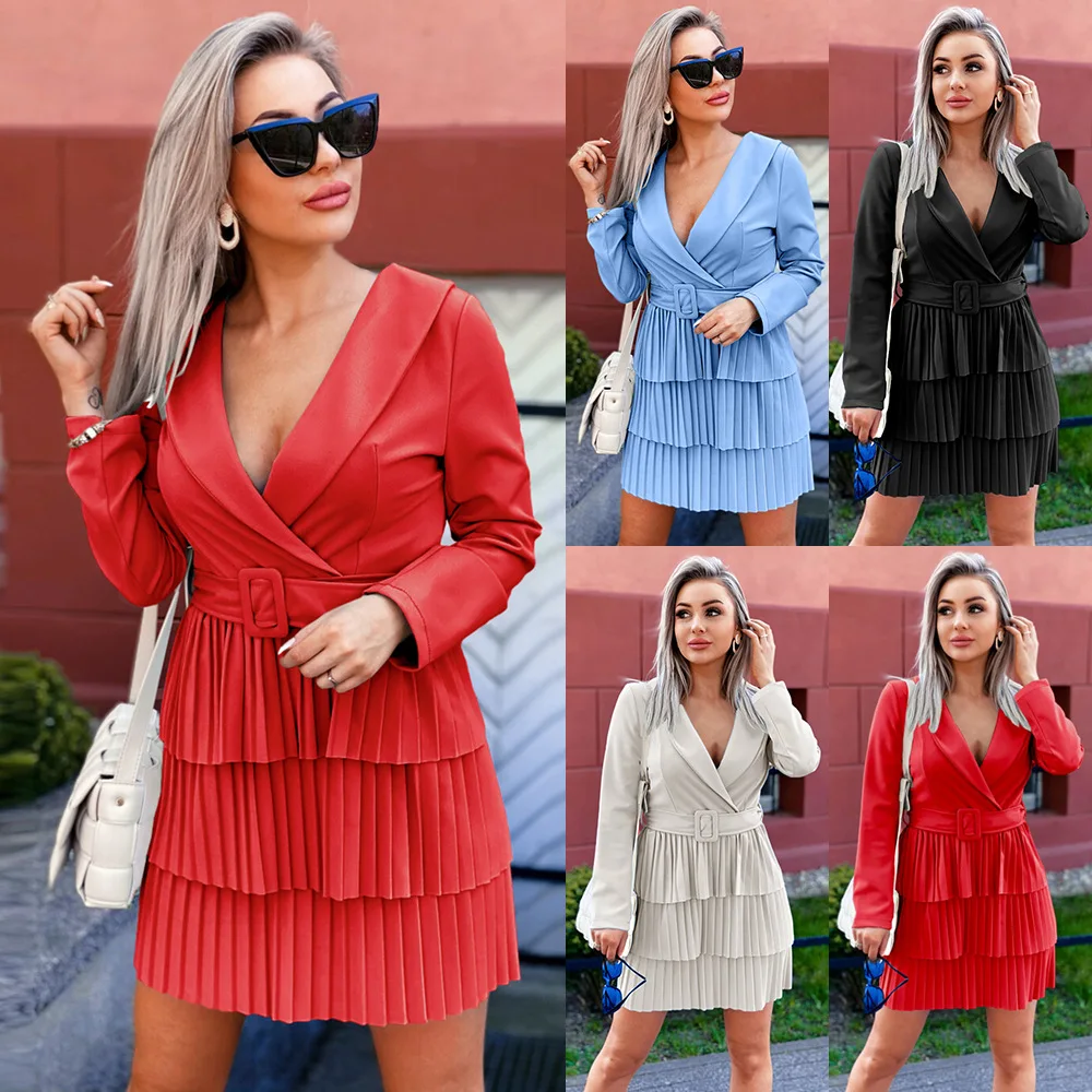 

Женская плиссированная ветровка средней и большой длины, с V-образным вырезом и поясом