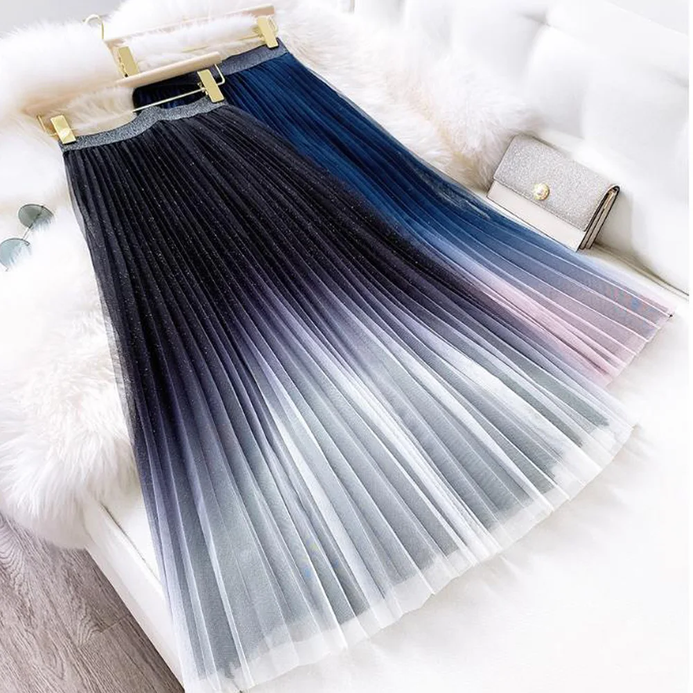 

2021 Gradient Fashion Tulle Skirt Pleated Tutu Skirts Women Lolita Petticoat Vintage Sweet Party Midi Pleated Skirt Jupe Saias