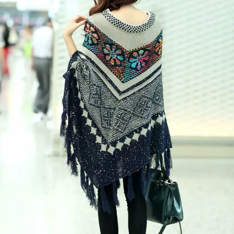 Осень зима свитер пончо с кисточками Женский вязанный большим треугольным