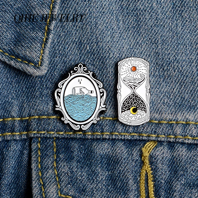 

QIHE JEWELRY Hourglass and Beach Enamel pin Sun Moon Magic mirror Lapel pins Brooches Badges Denim Clothes pins Gift for Friends