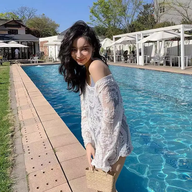 Белый кружевной купальник летнее женское Прозрачное платье с цветочным принтом