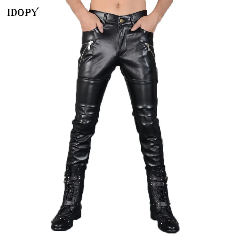 Idopy Men`s Leather Pants Punk Style Skinny Zippers Party Stage Performance Night Club Steampunk Faux PU Leather Trousers