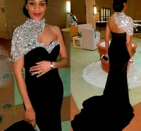 2020 bling elegant black long mermaid evening dresses high neck crystal beaded short sleeves crystal beaded formal prom gowns