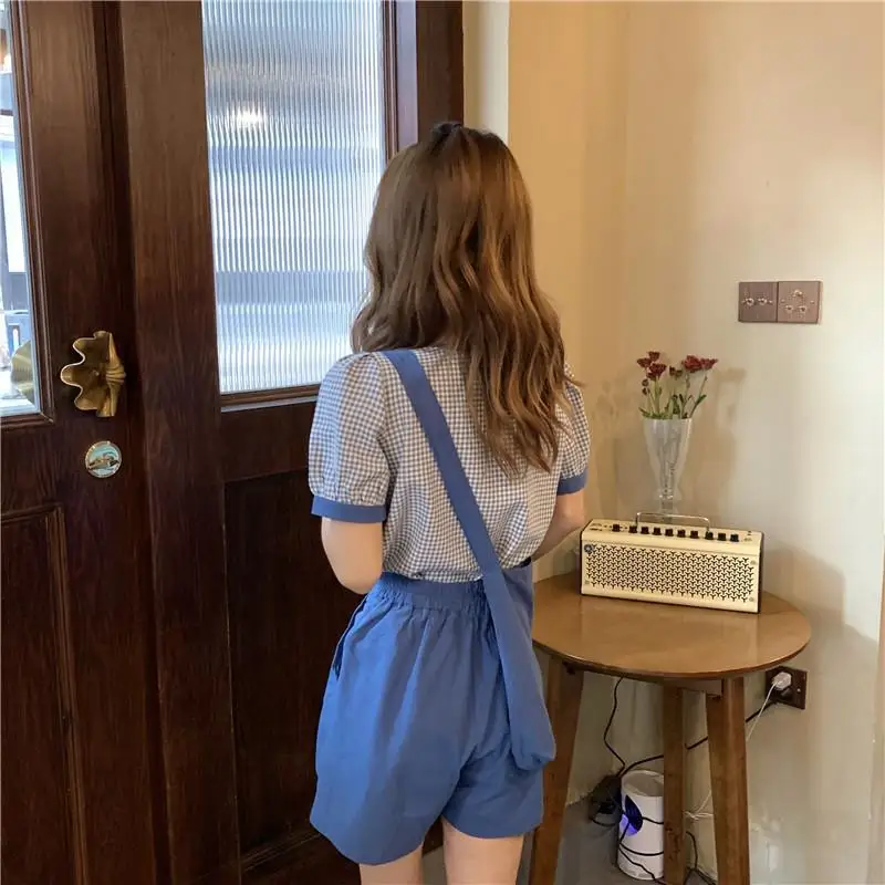 

2021 Summer 2 piece sets womens outfits Korean Loose Short-sleeved O-neck Plaid T-shirt + Elastic High Waist casual Shorts Y436