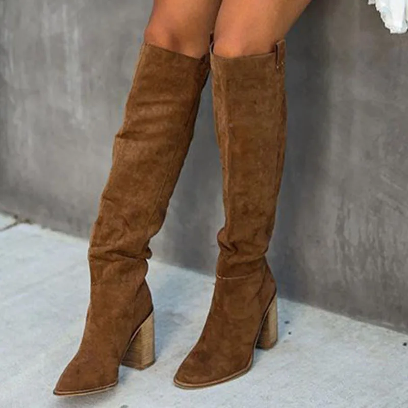 

Женские флоковые высокие сапоги до бедра, сезон зима-осень 2021, женские сапоги до колена без застежек, женская обувь на высоком каблуке с остр...