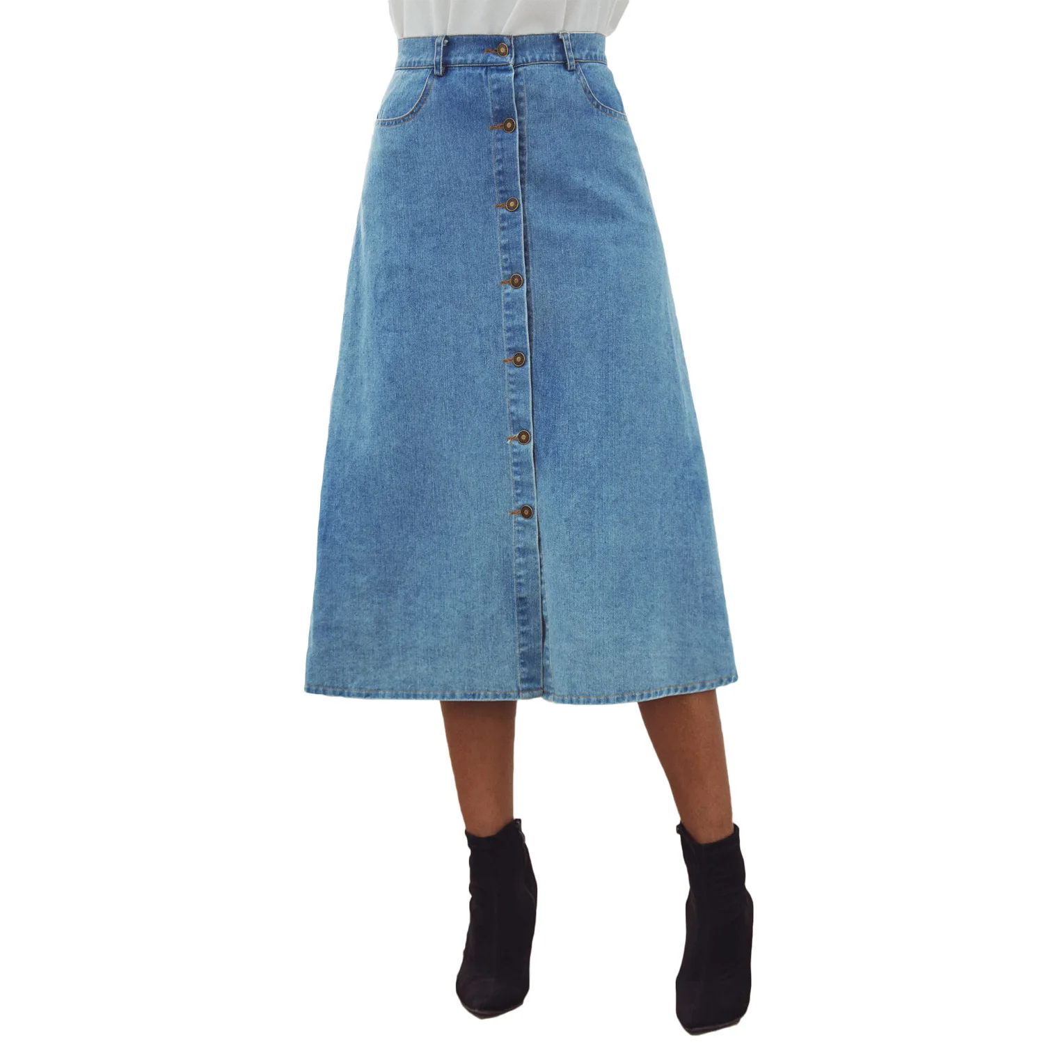 

Vintage Blue High Waist Denim Skirts Summer Women Fashion Single Breasted A-Line Jean Skirt Female Elegant Knee Length Skirt
