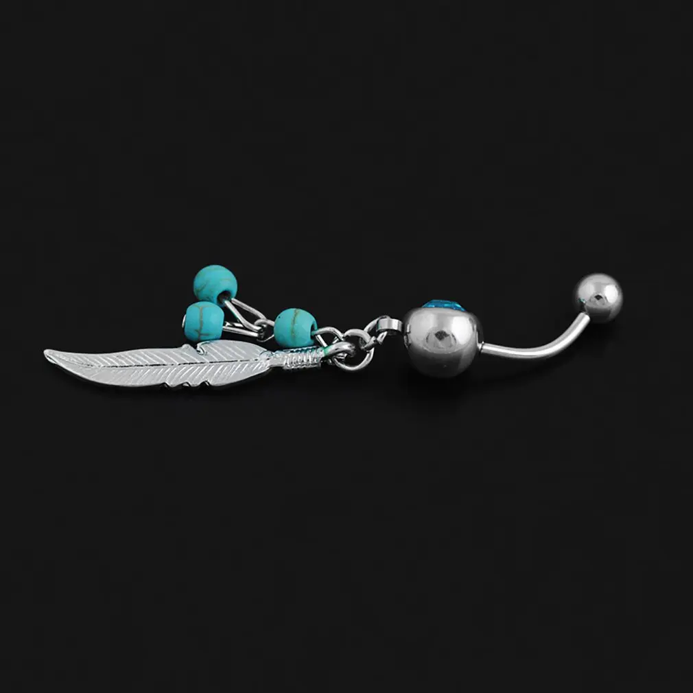 Кольцо в пупок с бирюзовым камнем и перьями |