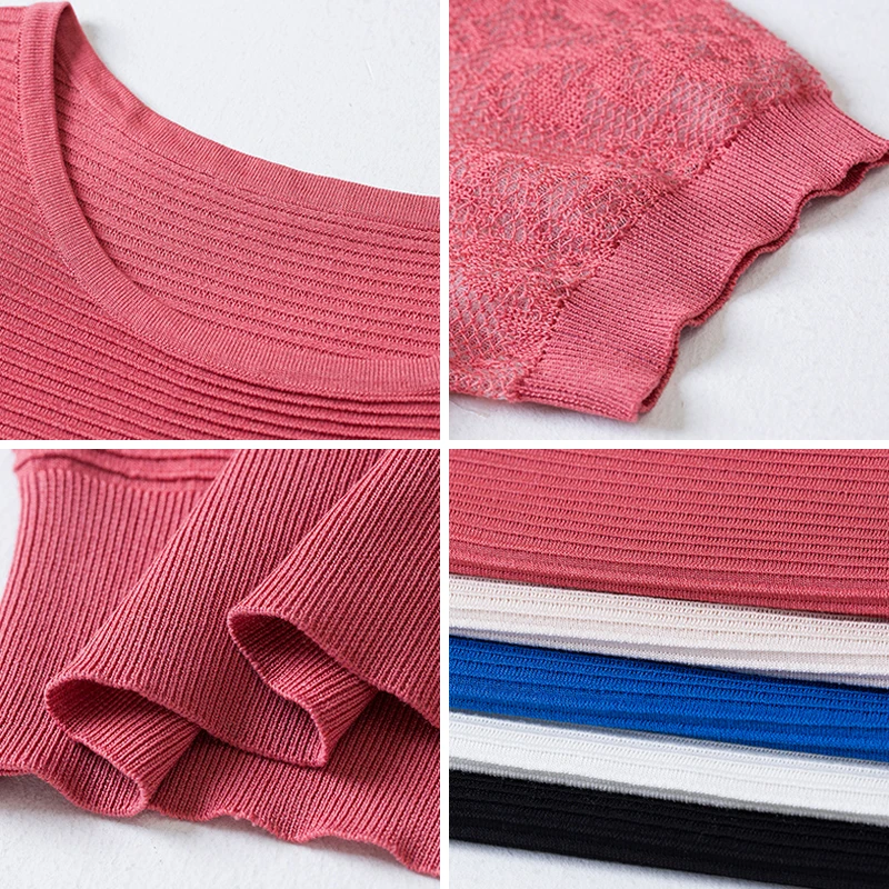 

Fashion Lace Patchwork Short Sleeve Slim Knitted T-Shirt Women Casual Short Knitwear Tops 2021 New Summer Solid Tees Female