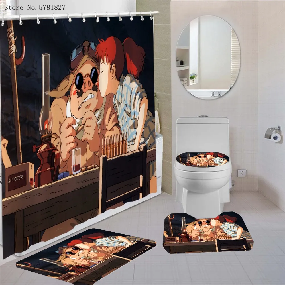 

3/4 Pieces Kurenai No Buta Bathroom Curtain Set Carpet Cover Toilet Cover Bath Mat Pad Set Porco Rosso Shower Curtain Set Decor