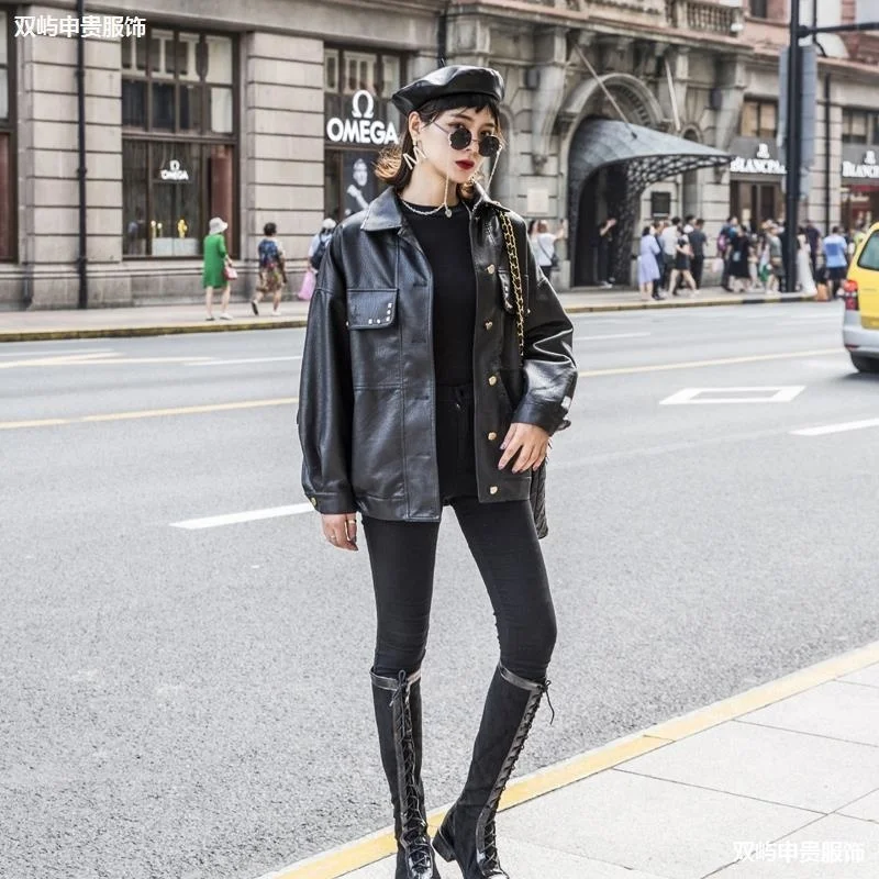 

spring Leather clothing women's 2021 new and autumn coat locomotive handsome loose embroidery rivet tassel heavy industry jacket