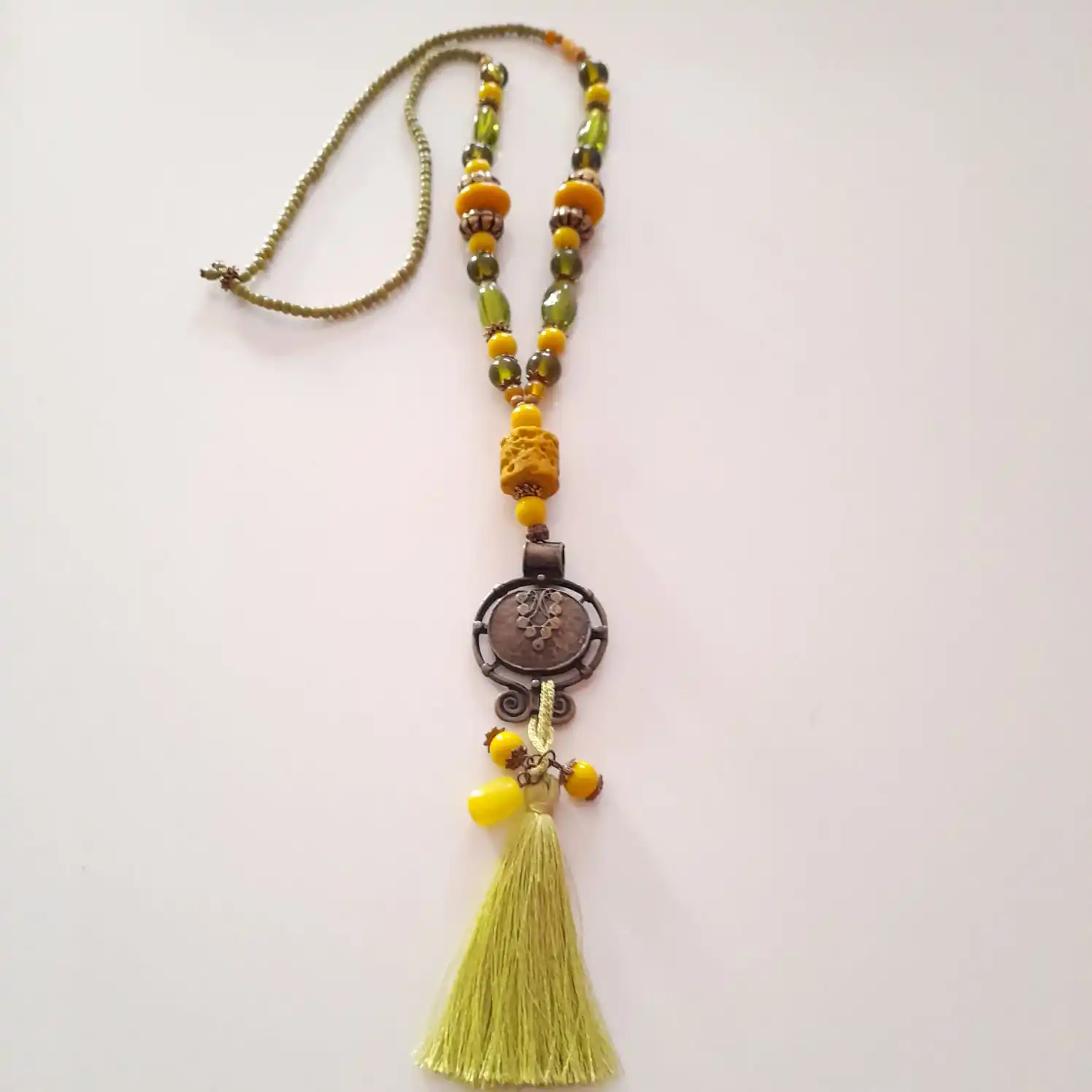 

Goodtime Long Ethnic Necklace Wood & Glass & Indian Beads Womens Handmade Jewelry