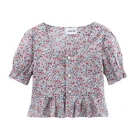 french floral shirt womens summer short sleeve button design sweet spuare collar ruffle design blouse ez