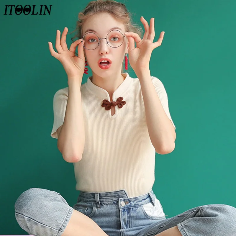 

ITOOLIN Retro Ice Silk T-shirts Women 2021 Spring Summer Vintage Buckle Knit Top Female Plain Tees Kpop Slim Camisetas De Mujer