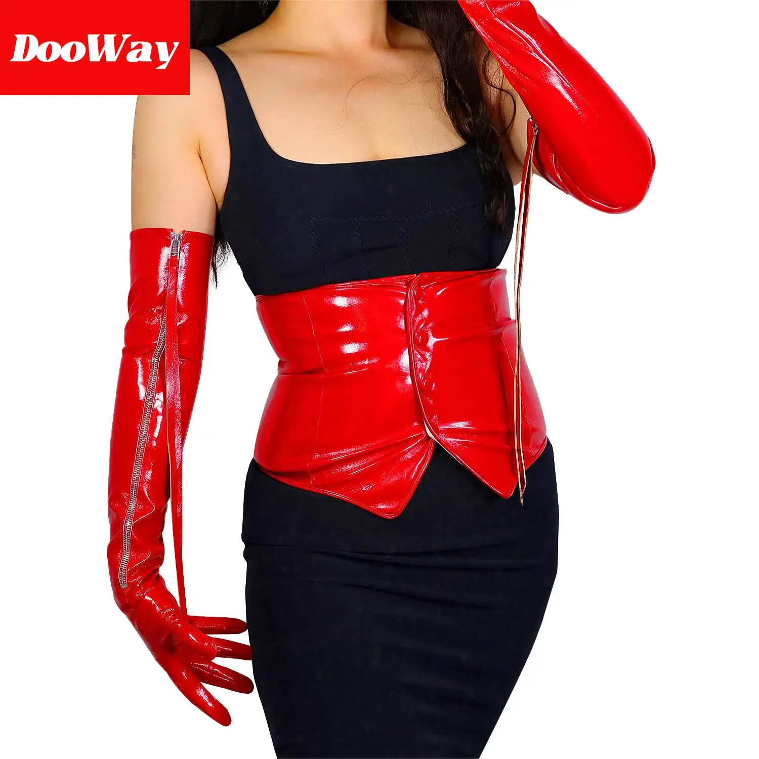 Кожаные перчатки DooWay omen Opear с длинным рукавом на молнии, блестящие красные, 24 дюйма