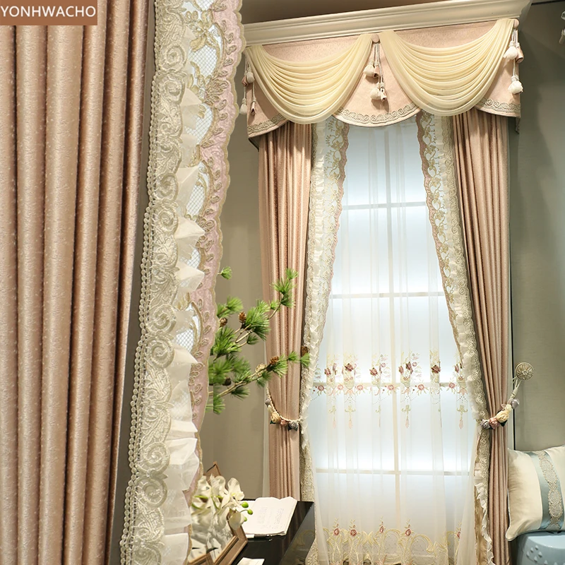 

Custom curtain American villa luxury living room bedroom window screen pink cloth blackout curtain valance tulle panel C220
