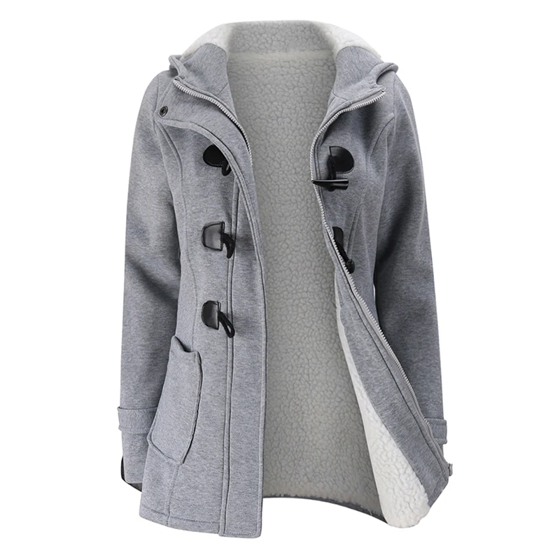 light grey ANSELF Parka пальто женское с капюшоном Дафлкот куртка из искусственного меха Подкладка Пряжка молния спереди плюс размер теплая зимняя повседневная верхняя одежда - Цвет: light grey