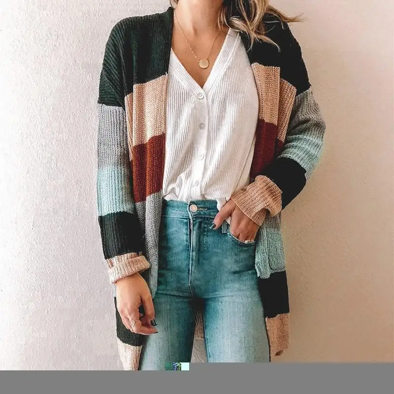 2019 Autumn Winter Hit Color Knitted Cardigans Open Stitch Female Long Sleeve Patchwork Front Striped Sweater Women Coat |