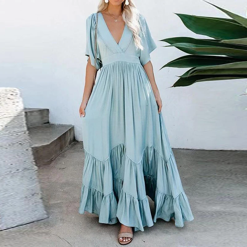 

Женское однотонное длинное платье с V-образным вырезом и коротким рукавом